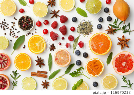 Food and drink healthy lifestyle concept: Italian herbs and spices. Rosemary, tomatoes, garlic and peppers. Top view. Isolated on white 116970238