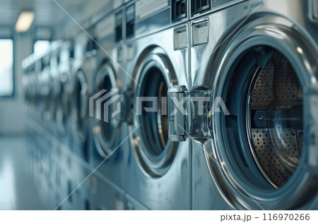 A row of industrial washing machines in a public laundromat A row of industrial washing machines in a public laundromat 116970266