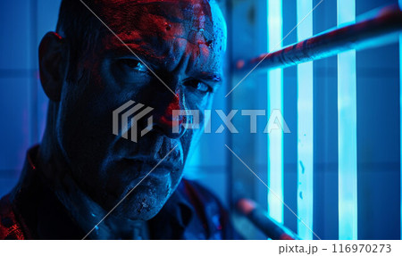 Prisoner stands in prison cell, looks at camera. Criminal serves imprisonment term for crime in jail. Depressed inmate in detention center. Portrait 116970273