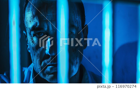 Prisoner stands in prison cell, looks at camera. Criminal serves imprisonment term for crime in jail. Depressed inmate in detention center. Portrait Prisoner stands in prison cell, looks at camera. Criminal serves imprisonment term for crime in jail. Depressed inmate in detention center. Portrait 116970274