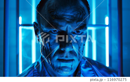 Prisoner stands in prison cell, looks at camera. Criminal serves imprisonment term for crime in jail. Depressed inmate in detention center. Portrait Prisoner stands in prison cell, looks at camera. Criminal serves imprisonment term for crime in jail. Depressed inmate in detention center. Portrait 116970275