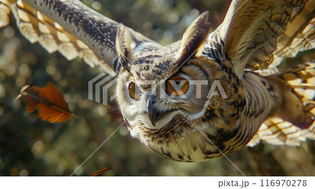 A stunning great grey owl spreads its wings wide as it flies through a forest 116970278