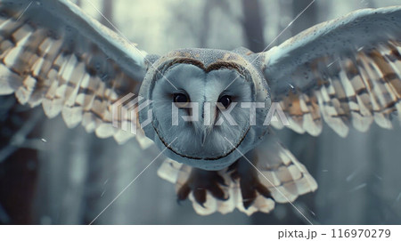 A stunning great grey owl spreads its wings wide as it flies through a forest 116970279