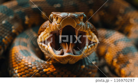 The head of a poisonous snake of a black viper with an open mouth on a blurred background 116970297