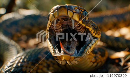 The head of a poisonous snake of a black viper with an open mouth on a blurred background 116970299