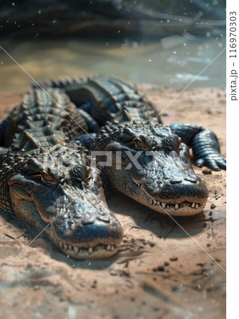 Two American Alligators (Alligator mississippiensis) at the marshland in Everglades National Park Two American Alligators (Alligator mississippiensis) at the marshland in Everglades National Park 116970303