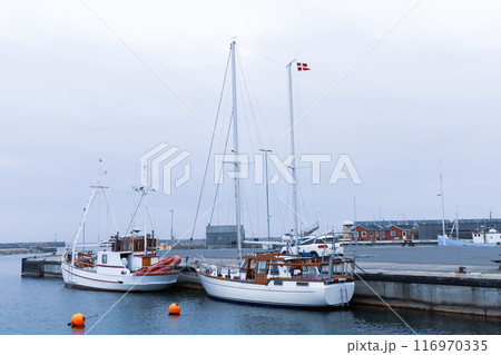 Sea pier with boats on a cloudy day 116970335