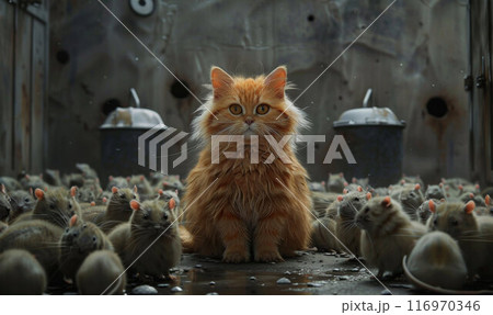 A red-haired cat is sitting in a room with mice. A large number of rats. Lazy cat A red-haired cat is sitting in a room with mice. A large number of rats. Lazy cat 116970346