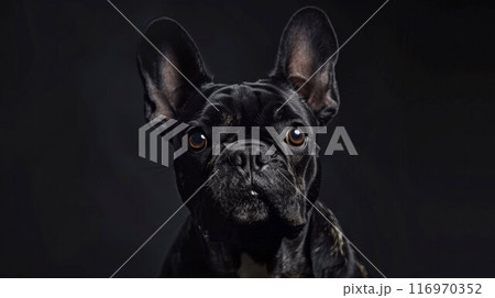 Close-up Portrait of Funny French Bulldog Dog Curiously Looking, Front view, Isolated on black background 116970352