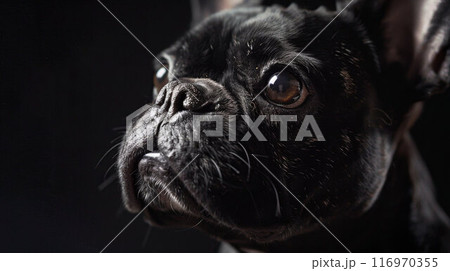 Close-up Portrait of Funny French Bulldog Dog Curiously Looking, Front view, Isolated on black background 116970355