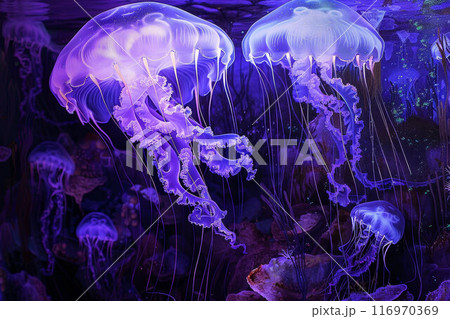 Jellyfish underwater. Australian spotted jellyfish floating in deep blue water. Underwater life in ocean jellyfish. Beautiful jellyfish, medusa in neon purple light Jellyfish underwater. Australian spotted jellyfish floating in deep blue water. Underwater life in ocean jellyfish. Beautiful jellyfish, medusa in neon purple light 116970369
