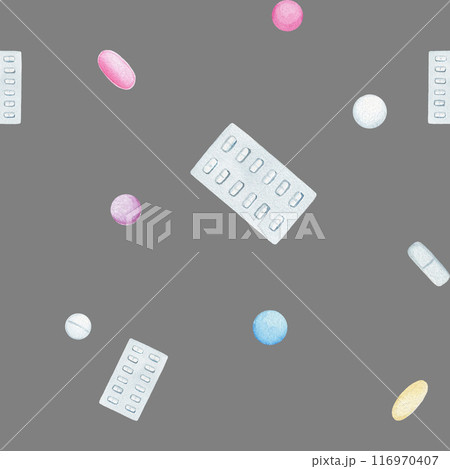Seamless pattern with blister pack and pills. Watercolor isolated on gray background. For design of textile, wrapping paper. Health care concept 116970407