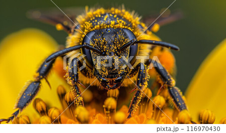 Close-up macro photo of a wasp. The wasp's muzzle is covered in pollen 116970430