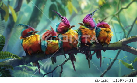 Group of birds on tree branch Group of birds on tree branch 116970431