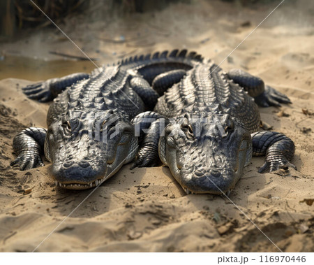 Two American Alligators (Alligator mississippiensis) at the marshland in Everglades National Park 116970446