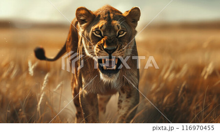 Lioness displays dangerous teeth during light rainstorm National Park South Africa Lioness displays dangerous teeth during light rainstorm National Park South Africa 116970455
