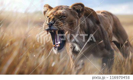 Lioness displays dangerous teeth during light rainstorm National Park South Africa 116970458