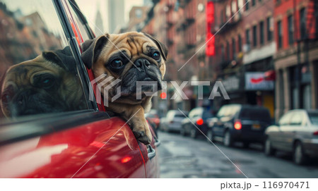 pug dog in sunglasses looks out of a car window 116970471
