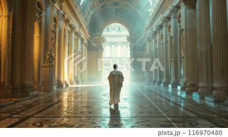 The Pope Walks Gracefully Through the Church, a Symbol Of Faith, Reverence, And Hope. Reminder of The Lord's Power 116970480