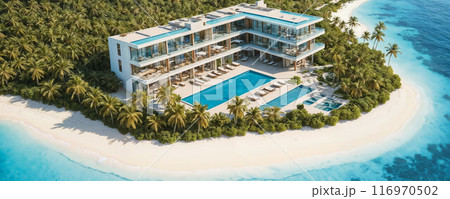 Aerial panoramic view of beach and city hotel zone in Mexico. Caribbean coast landscape of resort with beach 116970502