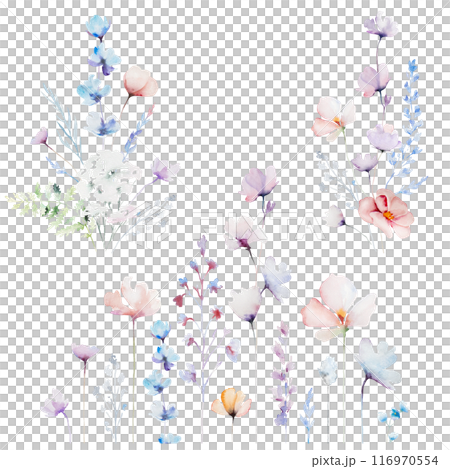 Bouquets and border made with watercolor pastel wild flowers and leaves, wedding illustration Bouquets and border made with watercolor pastel wild flowers and leaves, wedding illustration 116970554
