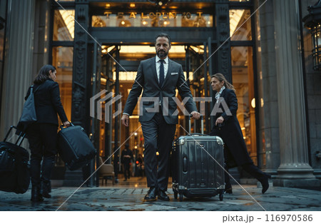 Happy bellboy pushing luggage with guest's suitcases in a hotel and looking at camera 116970586