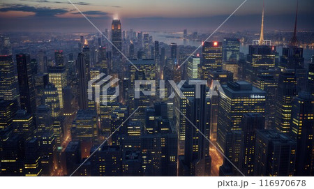 Aerial view of peaceful cityscape before sunrise 116970678