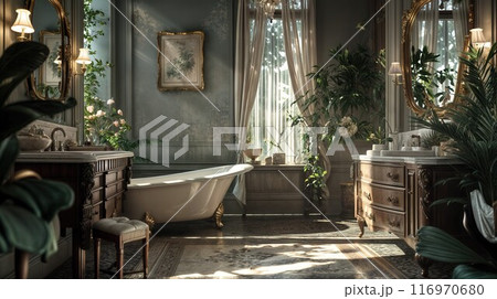 Modern bathroom interior, modern bathroom cabinet, white sink, wooden vanity, interior plants, bathroom accessories, bathtub and shower, white walls, concrete floor 116970680