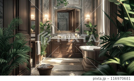 Modern bathroom interior, modern bathroom cabinet, white sink, wooden vanity, interior plants, bathroom accessories, bathtub and shower, white walls, concrete floor Modern bathroom interior, modern bathroom cabinet, white sink, wooden vanity, interior plants, bathroom accessories, bathtub and shower, white walls, concrete floor 116970681