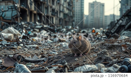 Rat on area that was filled with sewage, smelly, damp, and garbage bags. Referring to the problem of rats in the city 116970684