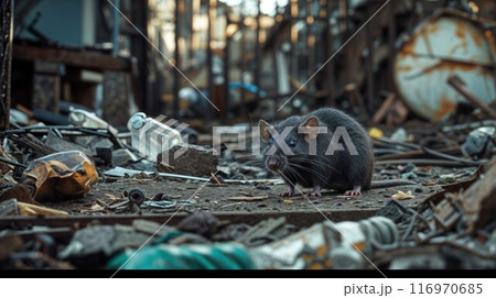 Rat on area that was filled with sewage, smelly, damp, and garbage bags. Referring to the problem of rats in the city Rat on area that was filled with sewage, smelly, damp, and garbage bags. Referring to the problem of rats in the city 116970685