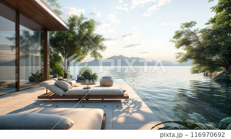 Summer vacation at poolside. Veranda decorated with deck chairs with an ocean view 116970692