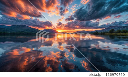 Scenic view of beautiful sunset or sunrise above the pond or lake at spring or early summer evening with cloudy sky background and reed grass at foreground. Landscape. 116970760