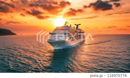 Cruise Ship, Cruise Liners beautiful white cruise ship above luxury cruise in the ocean sea at early in the morning time 116970776