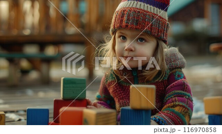 Little child girl plays with wooden colorful cubes sitting at outdoor playground Little child girl plays with wooden colorful cubes sitting at outdoor playground 116970858