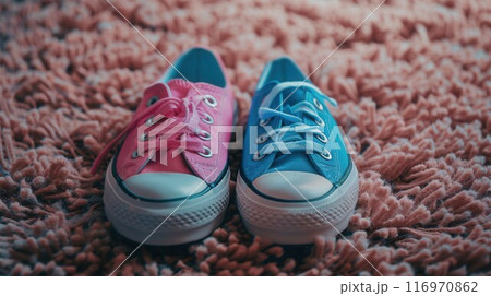 Pink and cyan sneakers on a pink and blue background 116970862