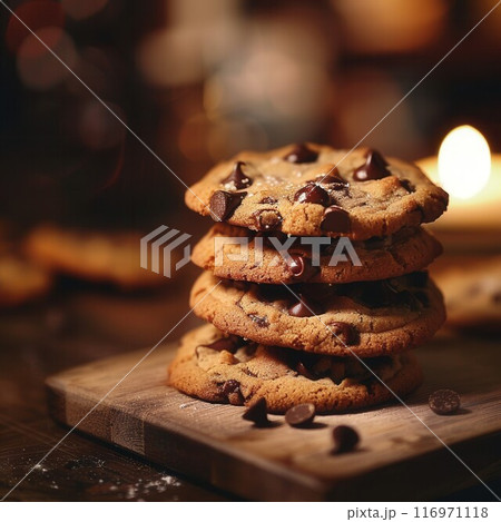 Stack of tasty chocolate cookies on wooden table 116971118