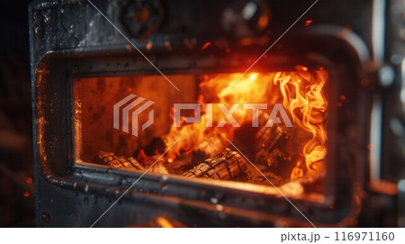 Burning firewood in fire-box of fireplace in country cottage. Rustic cooking oven with burning logs 116971160