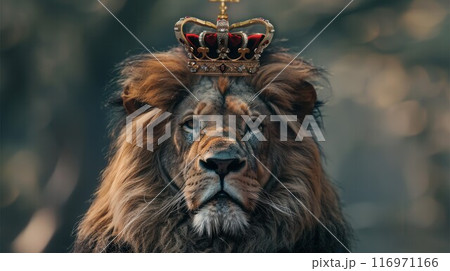 Male lion with battle scars wearing a king of the jungle crown 116971166