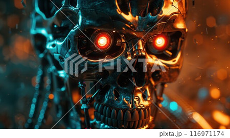 Stunning view of a metal robot skull with red glowing eyes. Close-up Stunning view of a metal robot skull with red glowing eyes. Close-up 116971174