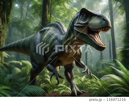 Dinosaur in the forest on the background of green trees. A large prehistoric creature. An extinct animal 116971216