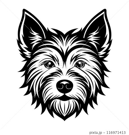 cairn terrier dog head icon. Black and white logo engraving style. Pet character. 116971413