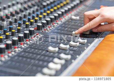 Closeup of audio mixer control panel Closeup of audio mixer control panel 116971805