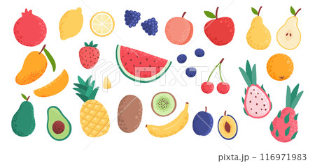 Doodle fruits. Natural tropical fruit, doodles citrus orange and vitamin lemon. Vegan kitchen apple hand drawn, organic fruits or vegetarian food. Vector isolated icons illustration set Doodle fruits. Natural tropical fruit, doodles citrus orange and vitamin lemon. Vegan kitchen apple hand drawn, organic fruits or vegetarian food. Vector isolated icons illustration set 116971983
