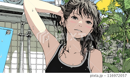 海水浴の後のシャワーを浴びている若い女性
