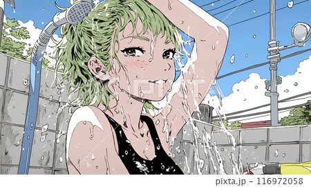 海水浴の後のシャワーを浴びている若い女性