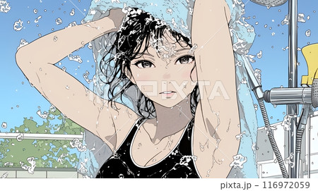 海水浴の後のシャワーを浴びている若い女性