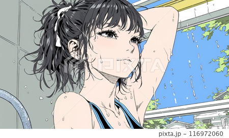 海水浴の後のシャワーを浴びている若い女性