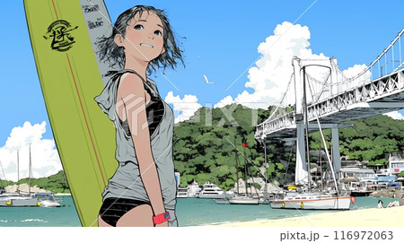 沖縄の海岸でビキニ姿でサーフボードを持った若い女性
