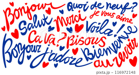 French lettering with various phrases. Blue and red color isolated on white background. French words, that means: hi, thanks, how are you, i love you, kiss you, you are welcome, bye in french 116972148
